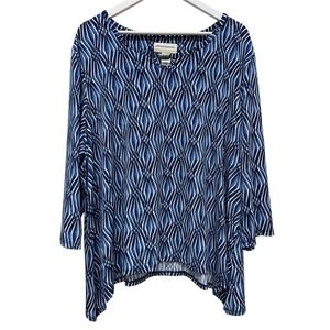 Alfred Dunner Women's Size 2X Stretch Fit Top Blue White 3/4 Sleeve Keyhole Neck